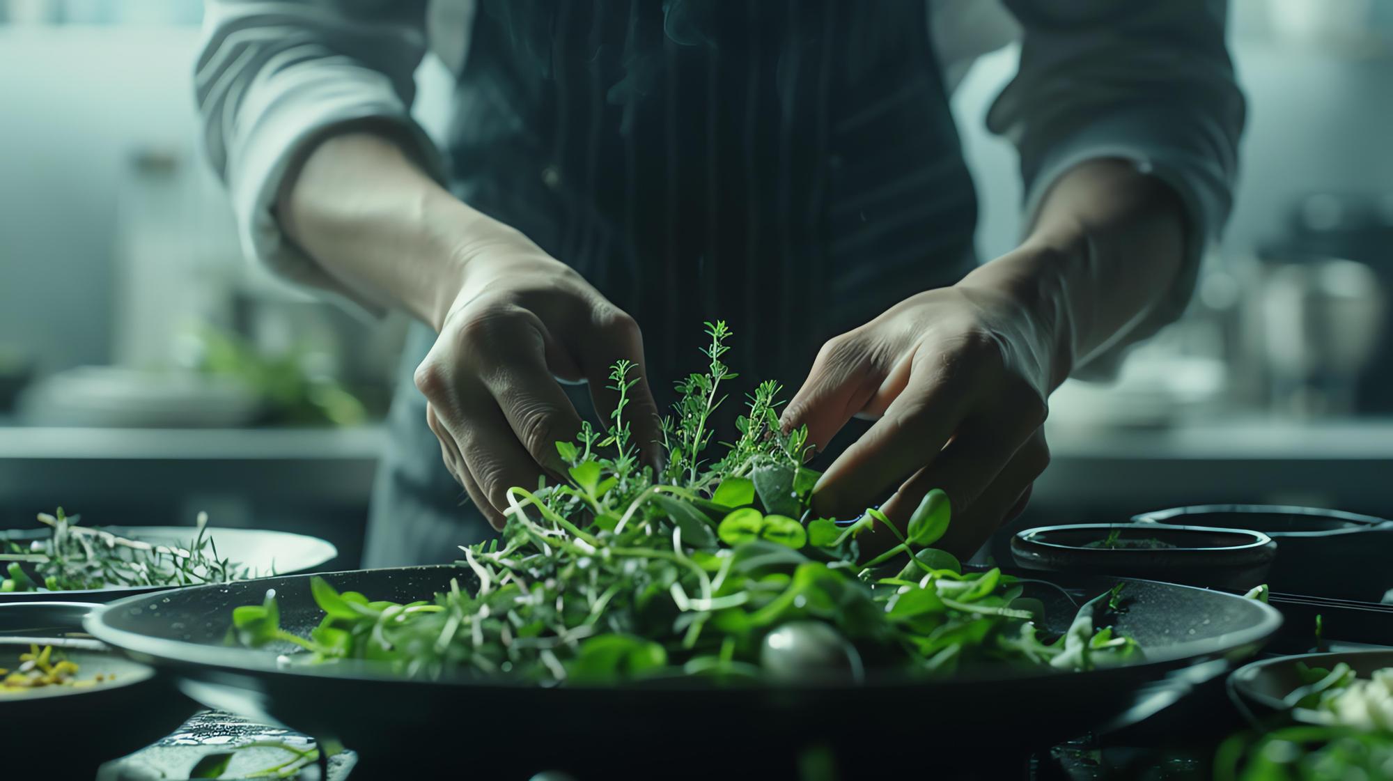 chef hands preparing herbs